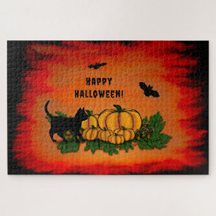 Puzzle Halloween heureux, Chat noir, Chat et Citrouille