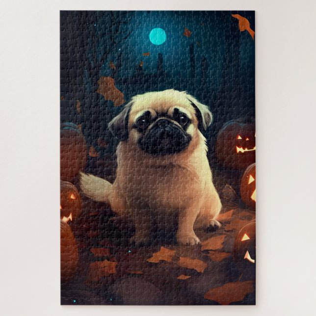 Puzzle Halloween Pekingese Avec Peur Citrouille (Vertical)