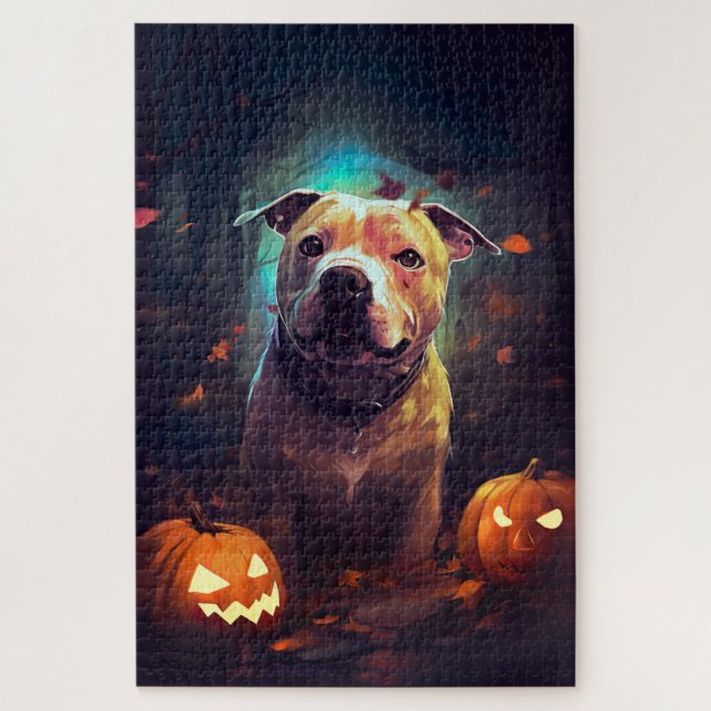 Puzzle Halloween Pitbull avec la peur Citrouille (Vertical)