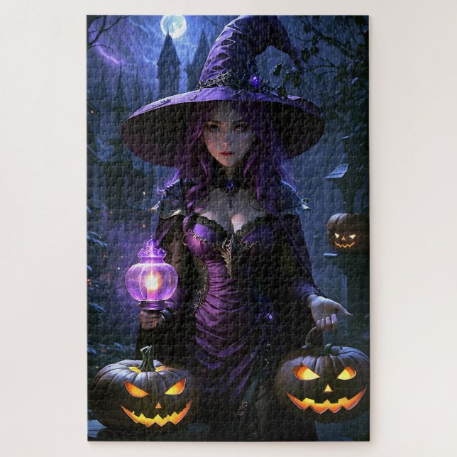 Puzzle Halloween sorcière Animée et Jack-O-Lanterns (Vertical)