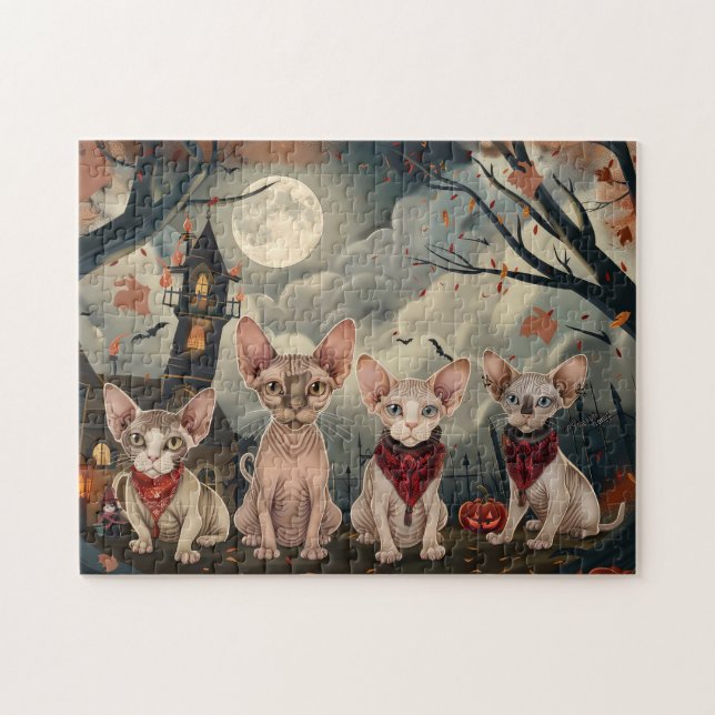 Puzzle Halloween sphynx chats Éffrayant (Horizontal)