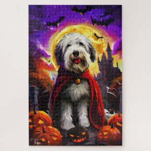 Puzzle Halloween vieux anglais Sheepdog Vampire Citrouill