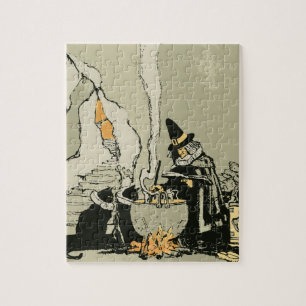 Puzzle Halloween vintage, sorcière avec chaudron et chats