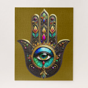 Puzzle Hamsa Brun Coloré Troisième Oeil Arc-en-ciel
