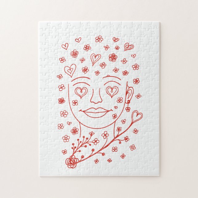 Puzzle Hand-Drawn Romantic Line Art Face with Hearts and  (Vertical)
