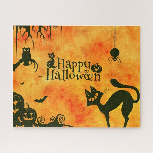 Puzzle Happy Halloween chat noir, hibou, citrouille (Horizontal)