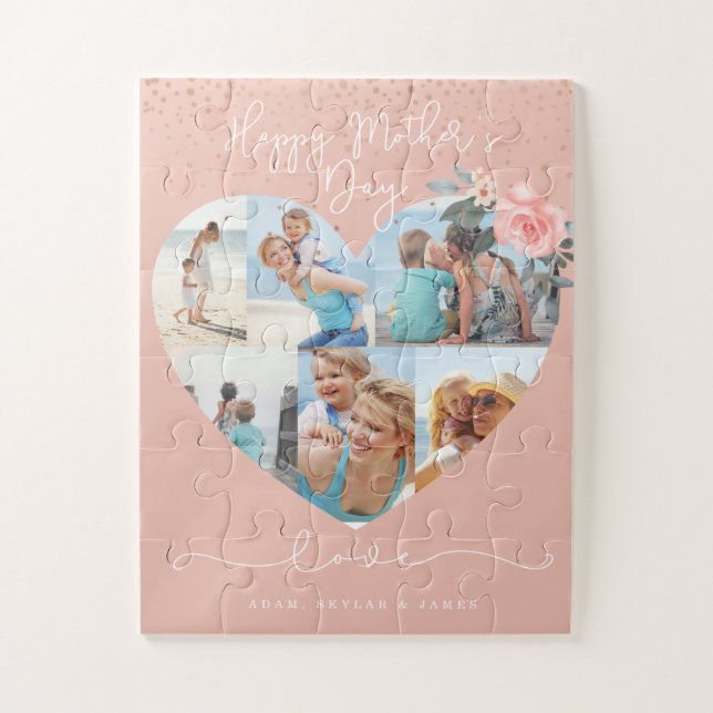 Puzzle Happy Mother's Day Heart Floral Photo Collage Pink (Vertical)