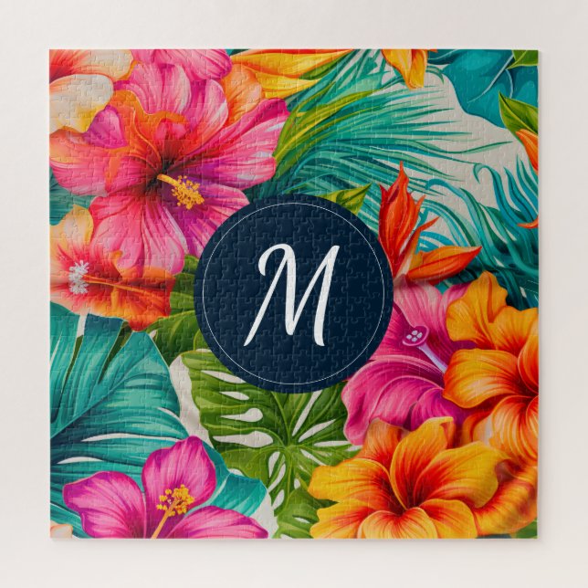 Puzzle Hibiscus floral tropical Monogramme (Vertical)