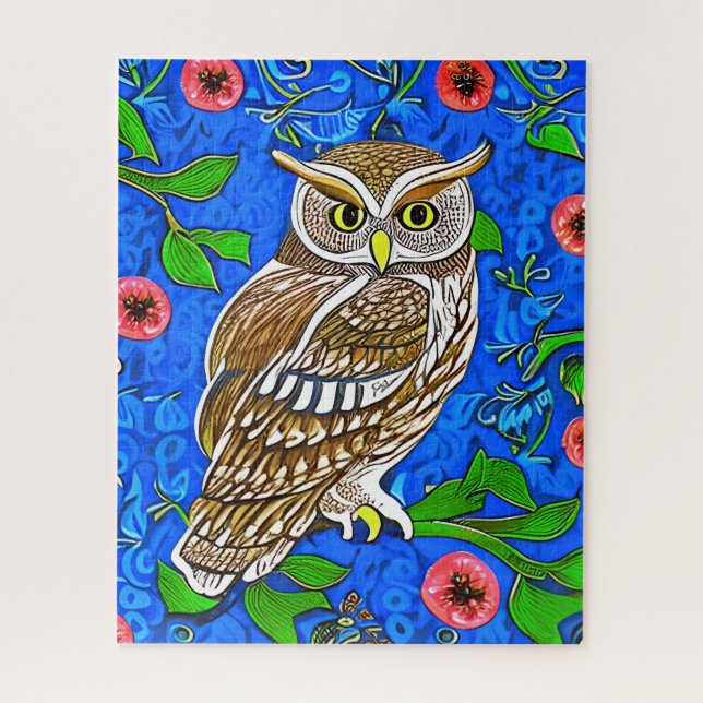 Puzzle Hibou inspiré de l'Art nouveau, marron sur fond bl (Vertical)