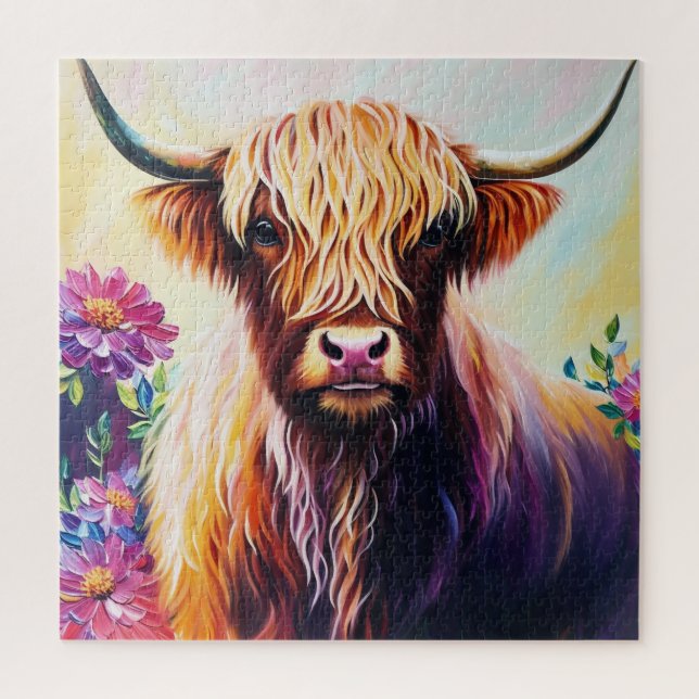 Puzzle Highland Cow Floral Multicolor Art (Vertical)