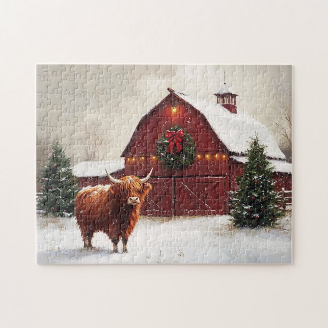 Puzzle Highland Cow Red Barne Christmas Wreath (Horizontal)