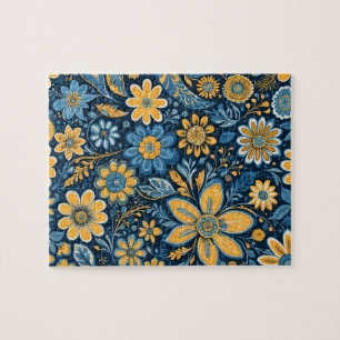 Puzzle Hippie rétro Fleurs Vintages Design bleu jaune