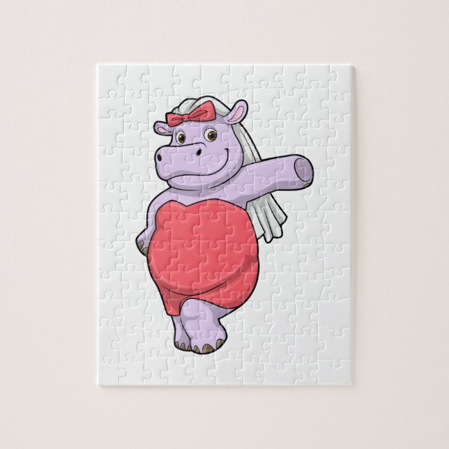 Puzzle Hippopotame en mariée avec voile et nœud (Vertical)