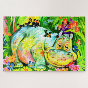 Puzzle hippopotames et oiseaux aux couleurs vives