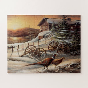 Puzzle Hiver Pheasant Sunset Lake Cottage Wild Game Bird