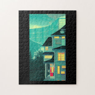 Puzzle Hiver soir maison de verre construction pins