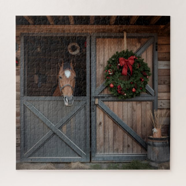 Puzzle Horse Barn Christmas Wood Art (Vertical)