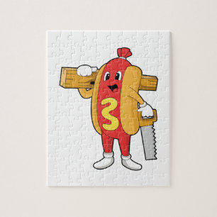 Puzzle Hotdog as Carpenter with Saw & Wood