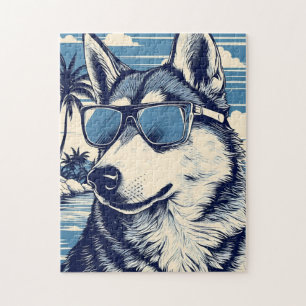 Puzzle Husky avec lunettes de soleil à la plage