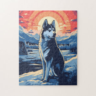 Puzzle Husky dans la forêt d'hiver au coucher du soleil