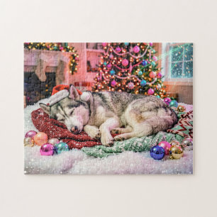 Puzzle Husky dormant dans une scène de Noël cosy