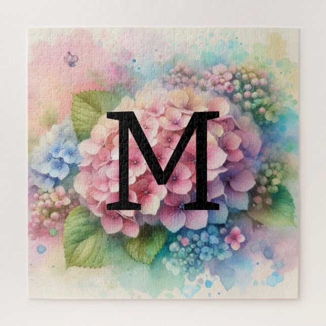 Puzzle Hydrangée rose monogramme (Vertical)
