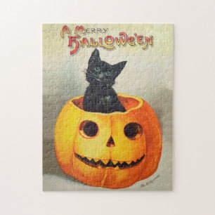 Puzzle Illustration antique Ephemera Chat noir Halloween