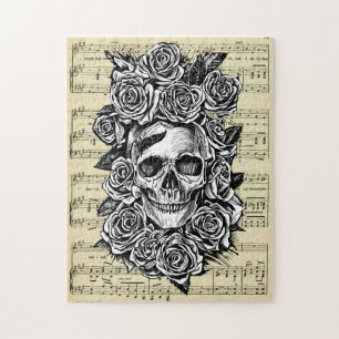 Puzzle Illustration d'art de roses de crâne humain gothiq
