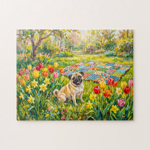 Puzzle Illustration de chien Mops de jardin printanier fa