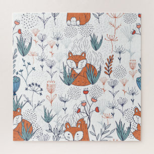 Puzzle Illustration forestière de l'enfant, renards et fl