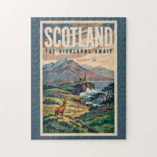Puzzle Illustration Rétro de Cerf des Highlands Écossais