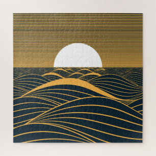 Puzzle Illustration stylisée du soleil-lune, mer sombre.