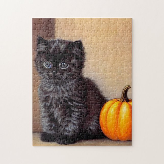 Puzzle Illustration vintage Halloween Black Kitten (Vertical)