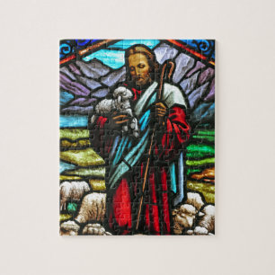 Puzzle Image en verre souillé de Jésus et des agneaux