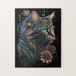 Puzzle Imaginaire bleu oeil chat avec fleurs IA art