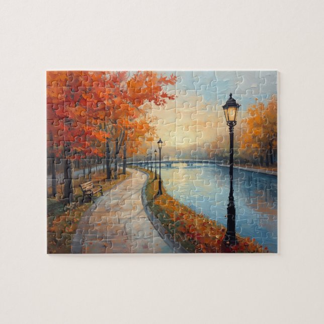 Puzzle Impressionist Autumn River Walk Lamp Posts (Horizontal)