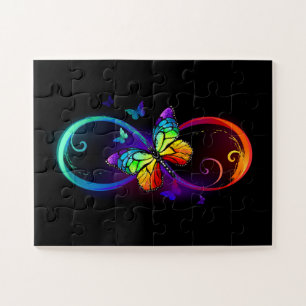Puzzle Infini vibrant avec papillon arc-en-ciel sur noir