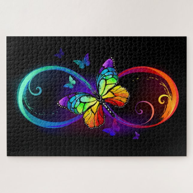 Puzzle Infini vibrant avec papillon arc-en-ciel sur noir (Horizontal)