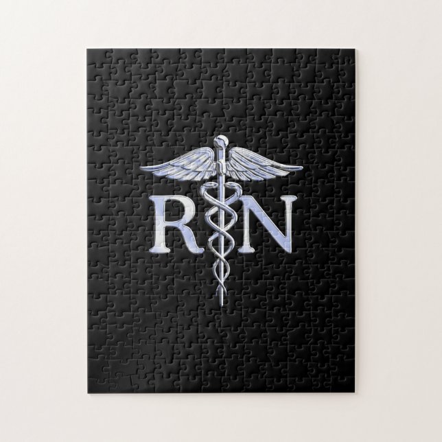 Puzzle Infirmière inscrite RN Silver Caduceus en noir (Vertical)