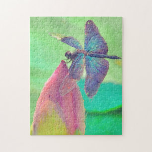 Puzzle Iridescent Blue Dragonfly on Pink Waterlily