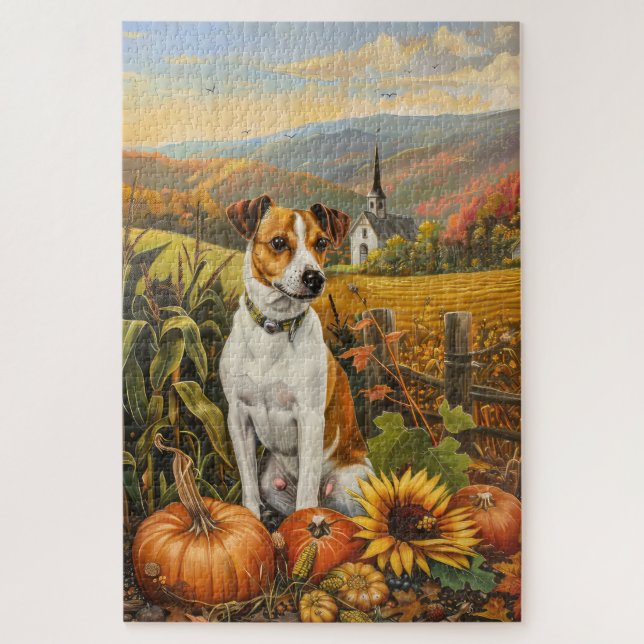 Puzzle Jack Russell Chien Moisson d'automne Thanksgiving (Vertical)