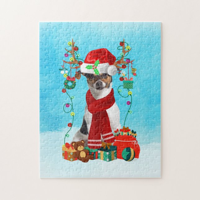 Puzzle Jack Russell dans la neige avec cadeaux de Noël (Vertical)