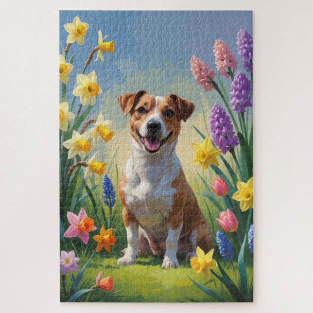 Puzzle Jack Russell Fleurs de printemps de chien Peinture (Vertical)