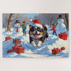 Puzzle Japanese Chin courant dans la neige avec un chapea