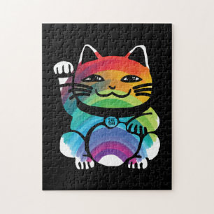 Puzzle Japanese Good Luck Cat with Rainbow