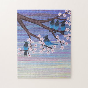 Puzzle jays et fleurs de cerisiers