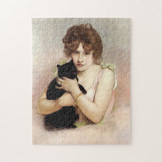 Puzzle Jeune femme tenant un chat noir, peinture de balle
