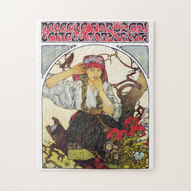 Puzzle Jeune Fille et Géranium, Mucha (Vertical)