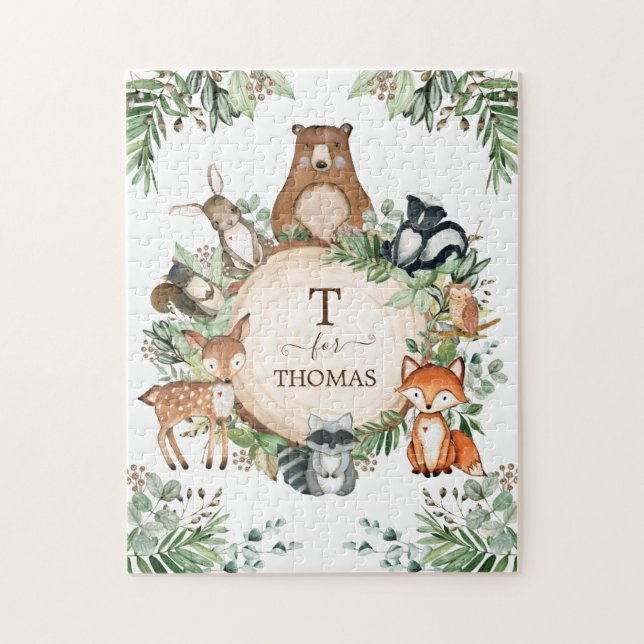 Puzzle Joli animal de forêt de bois personnalisé Monogram (Vertical)