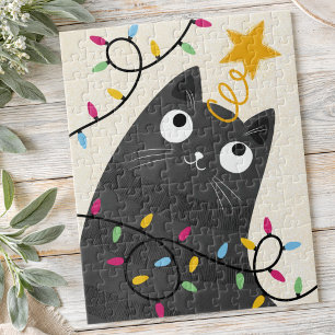 Puzzle Joli chat avec des lumières et une étoile de Noël